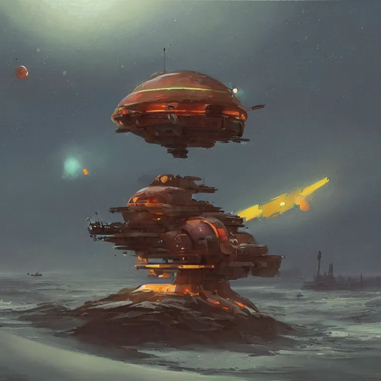 Prompt: mechanized hermit crab ship, sci-fi concept art, by John Harris, by Simon Stålenhag, highly detailed, award winning