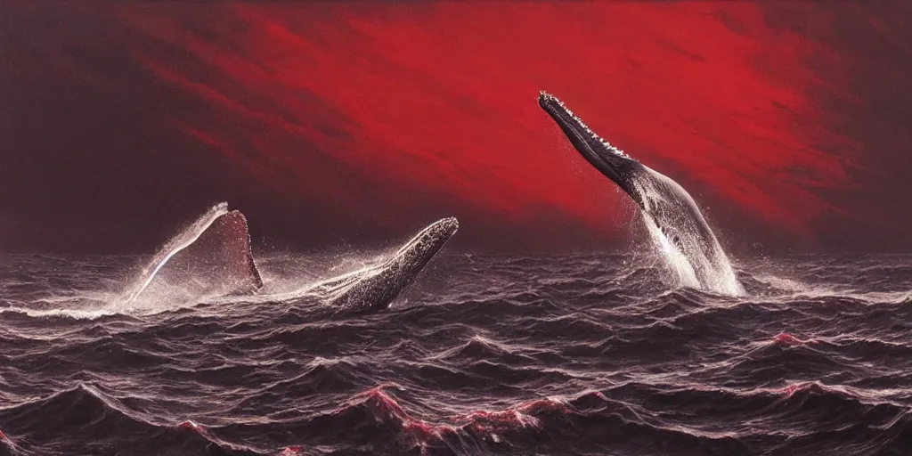 Prompt: a whale bleeding on the ocean near to a ship!, hiper detailed, dark art, horror art, digital art, realistic painting, high angle, volumetric light, part by beksinski, zdzisław part by carl gustav carus with red blood brushstrokes by swanland raymond.