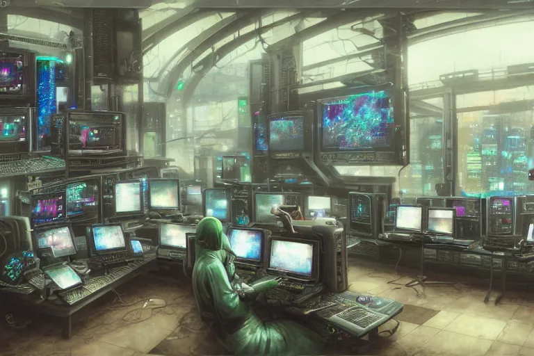 Image similar to a computer room filled with lots of monitors, cyberpunk art by chie yoshii, cgsociety, retrofuturism, greeble, dystopian art, circuitry