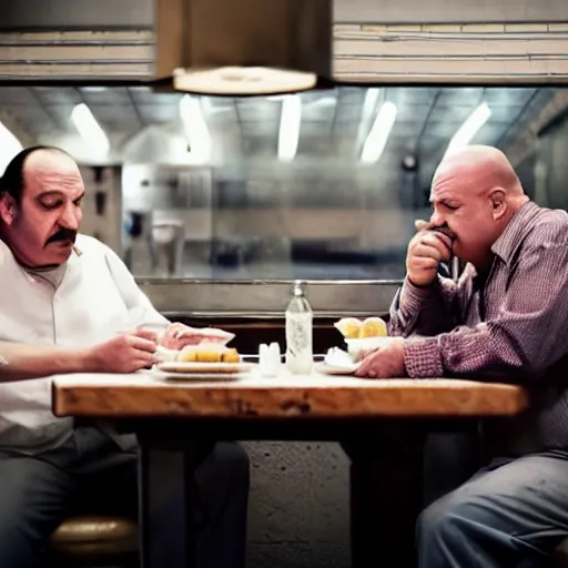 Image similar to tony soprano and walter white eating at a diner together, photorealistic, alone in the diner, having a good time, hyperrealistic, 8 k, ultra hd