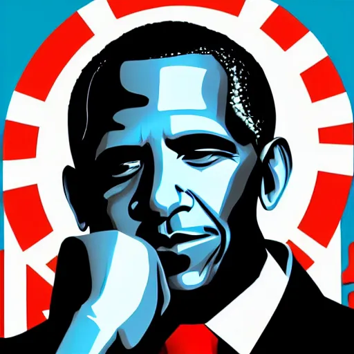 Image similar to Obama, graphic illustration by Jamie Hewlett, bold colors