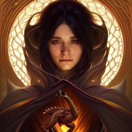 Prompt: Portrait of female sorcerer and her pet dragon, epic dark fantasy, medium shot, intricate, elegant, highly detailed, digital painting, artstation, concept art, smooth, sharp focus, illustration, art by artgerm and greg rutkowski and alphonse mucha