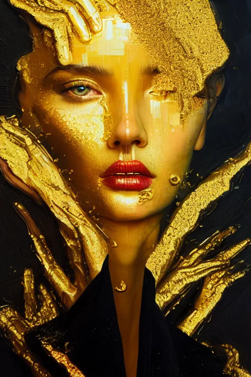 Prompt: 3 d, close - up, fashion model, liquid gold, liquid black ink, morning, sun rays, vogue cover style, poster art, hyper detail, intricate oil painting, multiple exposure, morning mood, 3 d, by tooth wu and wlop and beeple and greg rutkowski