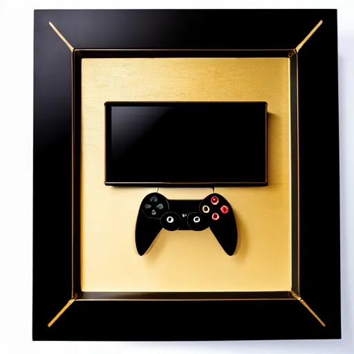 Prompt: A horseshoe (video game console), golden accents on a black frame, modern design, high quality product photography