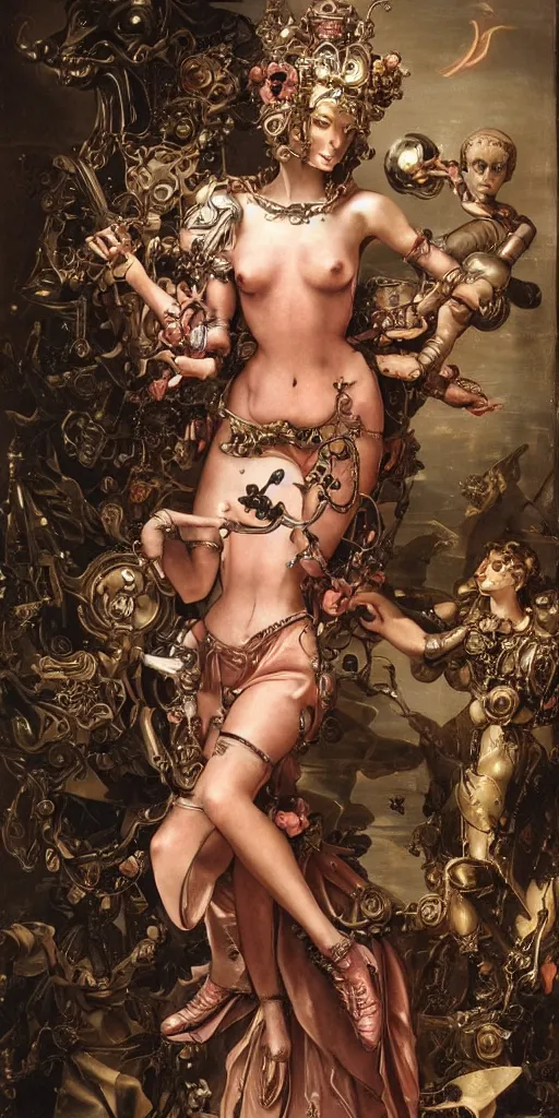 Prompt: a young beautiful Italian metal android with a large glowing pink crystal in the center of her chest, full-body bronze cyberpunk style statue of Andromeda with glowing red eyes, crown of mechanical peach roses, flowing peach silk, fabric, steampunk flowers. baroque elements, human skull. full-length view. baroque element. intricate artwork by caravaggio. many flying horses on background. Trending on artstation, octane render, cinematic lighting from the right, hyper realism, octane render, 8k, depth of field, 3D