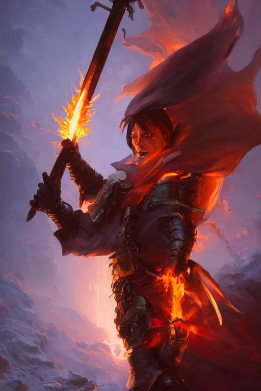 Prompt: dungeons and dragons warrior with flaming sword character full body side profile portrait, dramatic light, dungeon background, 2 0 0 mm focal length, painted by stanley lau, painted by greg rutkowski, painted by stanley artgerm, digital art, trending on artstation