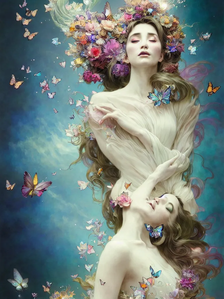 Prompt: Full View ultrarealistic Portrait ethereal fantasy deity wearing beautiful gown, rising in the air levitating, flowers, butterflies, calm, 4k digital masterpiece by Anna Dittman and Alberto Seveso Ruan Jia, rossdraws, artgerm and greg rutkowski and alphonse mucha and loish and WLOP, fantasycore, Hyperdetailed, fractals, scribble art, realistic digital painting, atmospheric, fireflies, soft lighting, featured on Artstation