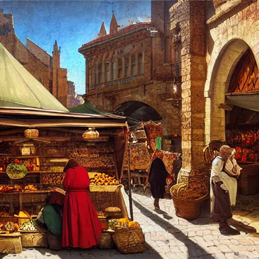 Image similar to a mockup of a medieval Mediterranean street market , beautiful digital art, cinematic composition, detailed, concept art, Matt painting, oil painting, art by Norman Rockwell