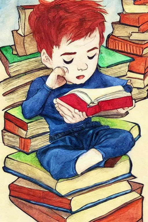 Image similar to a little boy with red hair sits cross legged on top of a tall pile of books. he is reading. clean elegant pretty cartoon painting, beautiful detailed face, storybook illustration.