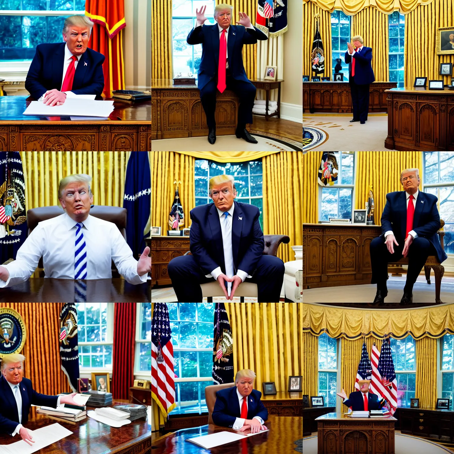 Prompt: Donald Trump in presidential attire seated at a toilet in the oval office, addressing the nation 4k, high quality photograph