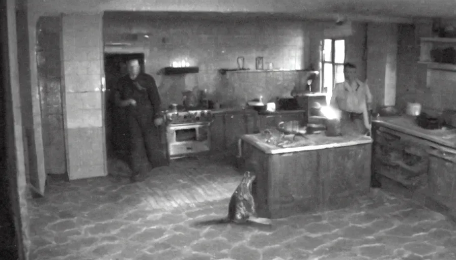 Image similar to a big snake and a man in a stalinist style kitchen, by mini dv camera, very very low quality, heavy grain, very blurry, accidental flash, webcam footage, found footage, security cam, caught on trail cam