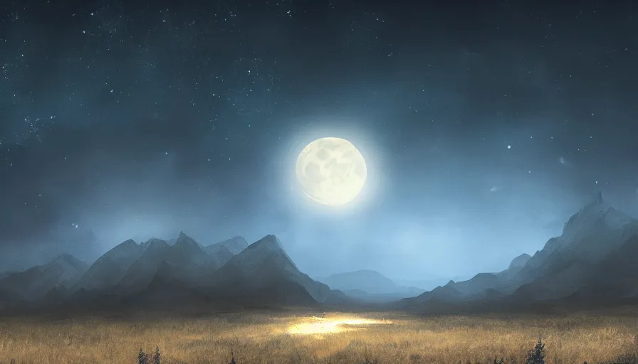 Image similar to a beautiful landscape at night, big moon and stars in the sky, matte painting, dark blue tones, concept art, 4k