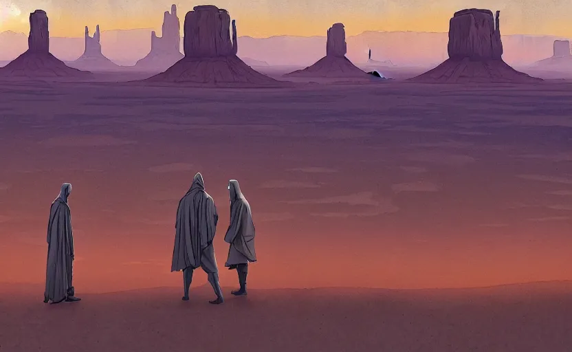 Prompt: a hyperrealist watercolor concept art of a sci - fi futurist buildings on the horizon of monument valley. a medieval monk in grey robes is in the foreground. golden hour. very muted colors, by rebecca guay, michael kaluta, charles vess. high detail, hq, wide shot, 4 k