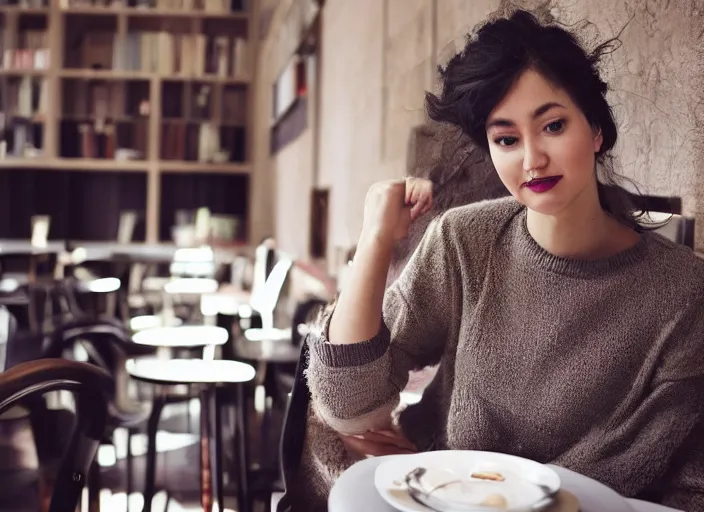 Prompt: beautiful!!! young adult woman in a cozy coffee shop wearing an avant garde outfit designed by zaha hadid, natural lighting, 5 0 mm