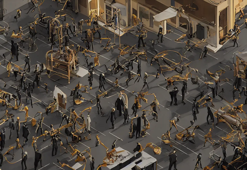 Prompt: accidentally wes anderson award - winning photograph of boston dynamics robots fighting with bureaucrats in suits, epic battlescene, dynamic scenes, 4 k, detailed, art by greg rutkowsky, trending on artstation, cinematic lighting, filmic grain, golden hour, detailed, 4 k