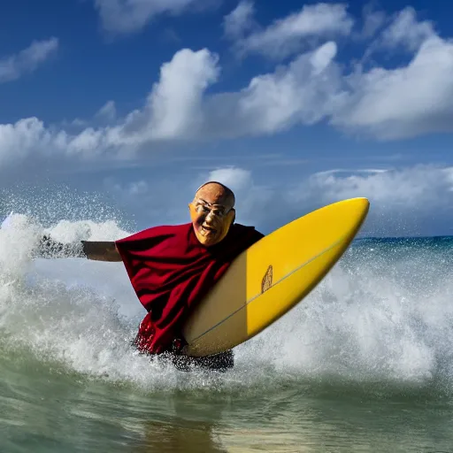 Prompt: professional photo of the Dalai Lama winning a surfing competition at Waikiki beach, 4k resolution, setting sun and huge flock of birds in the background