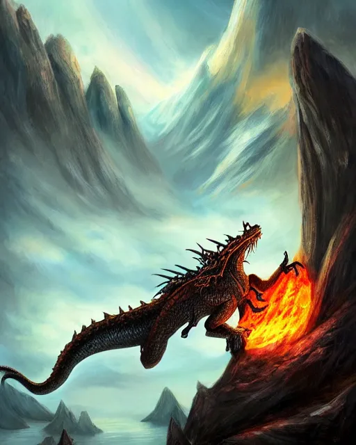 Image similar to ''dragon breathing fire, rule of thirds, fantasy, mountain landscape, d & d, digital painting, artstation, deviantart, concept art, illustration, art by dragolisco and anne stokes and nico niemi''