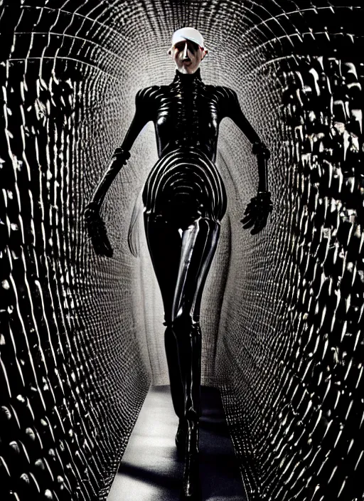 Image similar to walking down the catwalk, steven klein, show, stage, vogue photo, podium, fashion show photo, iris van herpen, beautiful woman, full body shot, helmet on face, masterpiece, plant predator, giger, guyver, jellyfish, biomechanical details, tarkovsky, movie still, fauvism, cinestill, bokeh, gelios lens