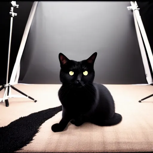 Image similar to black cat sitting in a photo studio, photorealistic