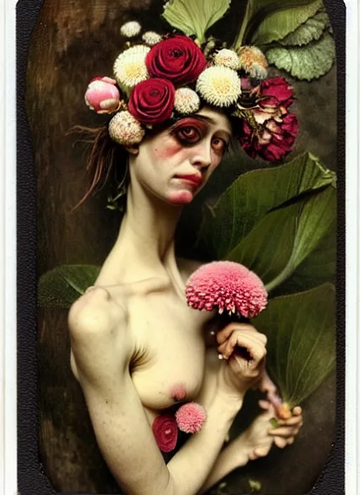 Image similar to beautiful and detailed rotten woman made of plants and many types of stylized flowers like carnation, chrysanthemum, roses and tulips, intricate, surreal, vladimir volegov, john constable, guy denning, gustave courbet, caravaggio, romero ressendi, 1 9 1 0 polaroid photo