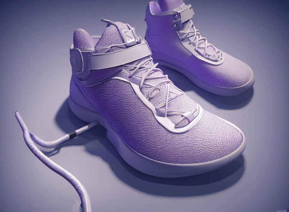 Prompt: realistic 3 d render of a futuristic sneaker, beautiful studio lighting, soft, sharp focus, neon glowing lines, intricate detail, purple and silver leather, soft white rubber, shiny plastic, black hexagon mesh, black filigree, octane render, side view, close up, trending on artstation, deviantart, nike, reebok, salomon