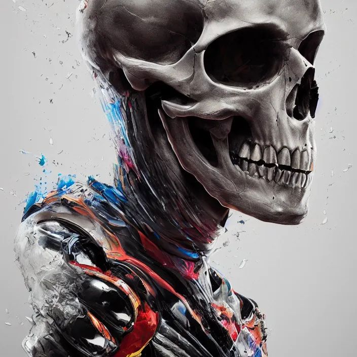 Image similar to portrait of a skull in a racing suit. intricate abstract. intricate artwork. nightmare fuel. by Tooth Wu, wlop, beeple, dan mumford. octane render, trending on artstation, greg rutkowski very coherent symmetrical artwork. cinematic, hyper realism, high detail, octane render, 8k, iridescent accents