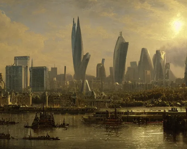 Prompt: albert bierstadt cityscape painting of london in fallout