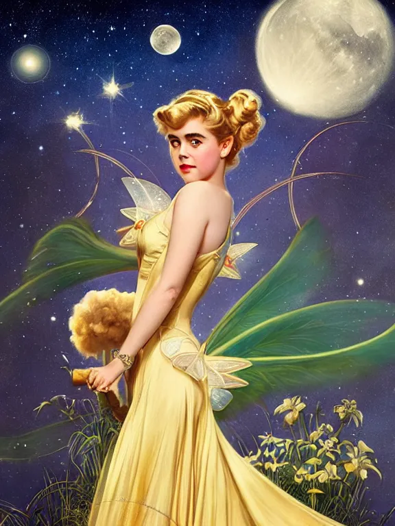 Prompt: kiernan shipka as tinkerbell, a beautiful art nouveau portrait by Gil elvgren, moonlit starry sky environment, centered composition, defined features, golden ratio, gold jewlery, photorealistic professionals lighting, cinematic, sheer