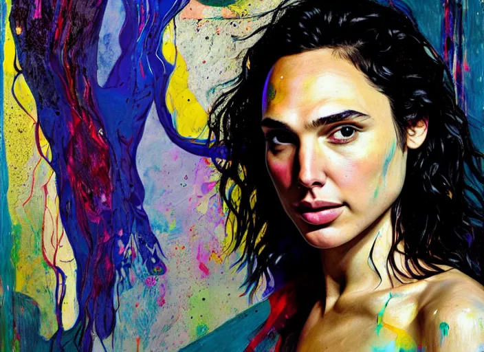 Image similar to portrait of gal gadot in tears, by vincent lefevre and hernan bas and pat steir and hilma af klint, psychological, photorealistic, dripping paint, washy brush, rendered in octane, altermodern, masterpiece