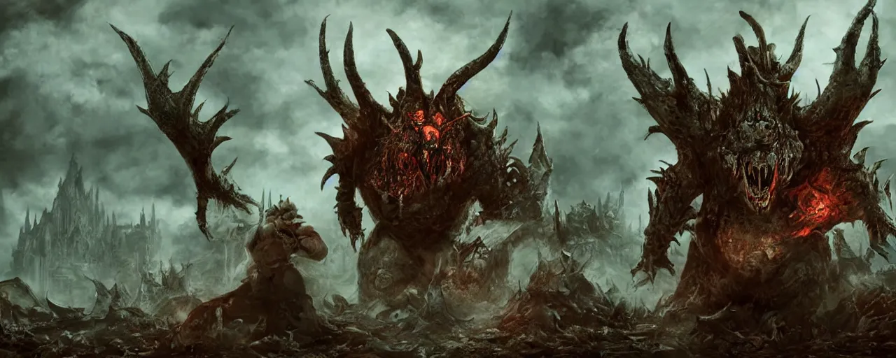 Image similar to concept art of bowser with huge horns and scales and talons in a ruined kingdom, resident evil, horror, occult, terror, mist, volumetric render, digital painting, detailed painting