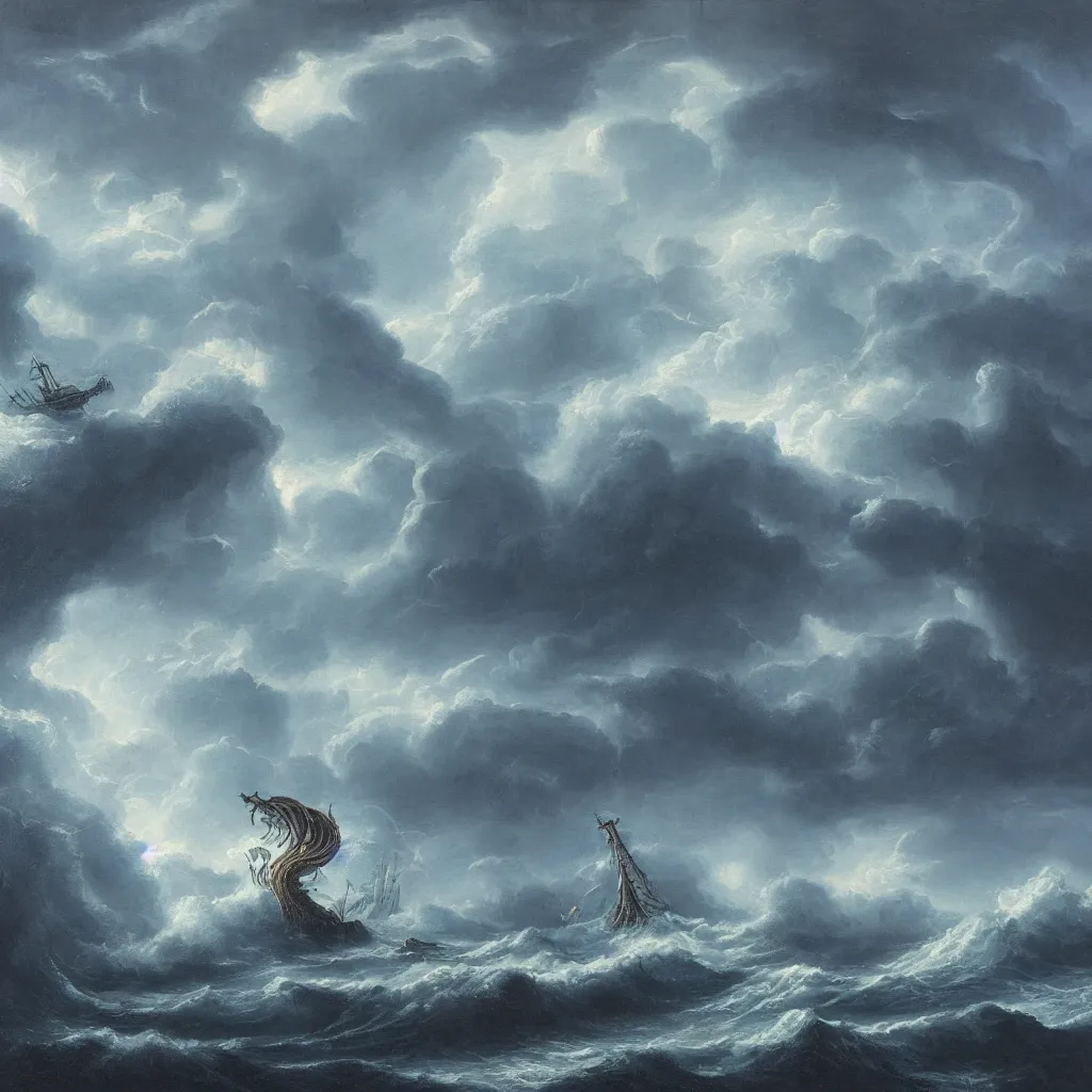 Prompt: a fantasy landscape of a kraken in a stormy sea, giant waves, lightning in the background, small boat, oil painting, 4 k