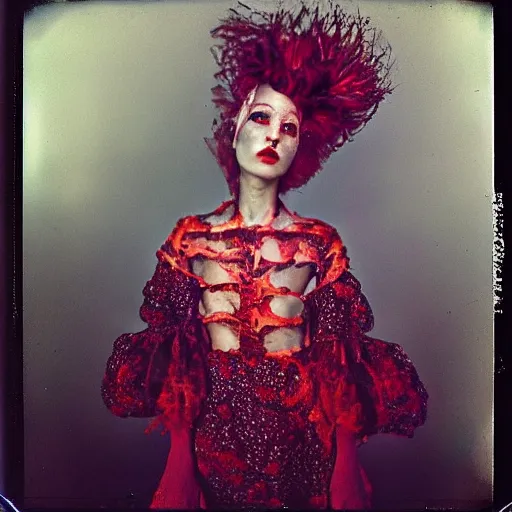 Image similar to kodak portra 4 0 0, wetplate, photo of a surreal artsy dream scene,, very beautiful girl, weird fashion, grotesque, extravagant dress, carneval, animal, wtf, photographed by paolo roversi style