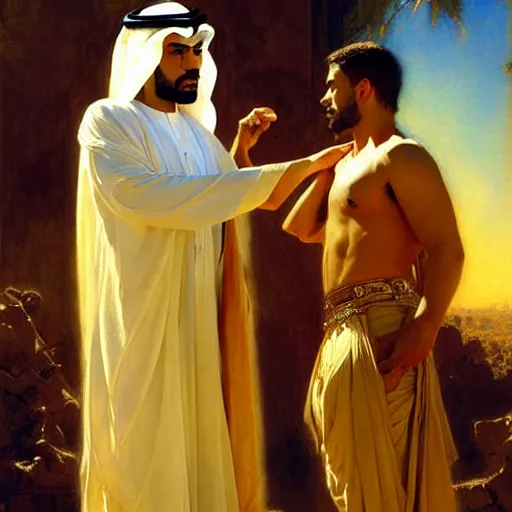 Prompt: attractive fully clothed arab king confesses his love for his attractive fully clothed male prince. highly detailed painting by gaston bussiere, craig mullins, j. c. leyendecker