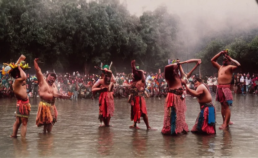 Image similar to a misteriuos colored old film photography of people doing an aztec ritual, xochimilco river, hazy, humid, photorealistic,