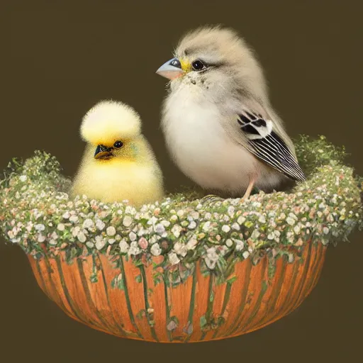 Image similar to long shot of a very fluffy sparrow chick nesting in a floral cup, esao andrews, by m. w. kaluta, humorous illustration, hyperrealistic, tilt shift, warm colors, night scenery, low light, 3 d octane render, 4 k, volumetric lights, smooth, cosy atmosphere, conceptart, hyperdetailed, trending on deviantart