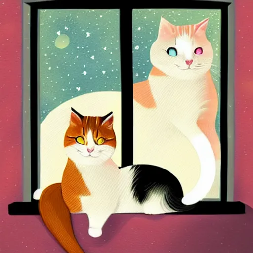 Image similar to two cute multi - colored calico cats sleeping inside a cozy home in the evening, stars shining in the night sky through the window,, artstation, cgsociety, storybook art