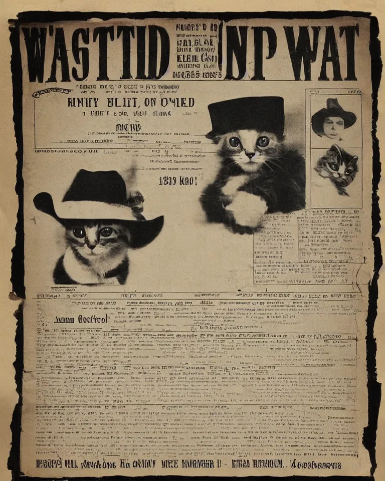 Image similar to 1880s wanted poster Wanted $1000 Reward kitten in a cowboy hat Billy the Kit