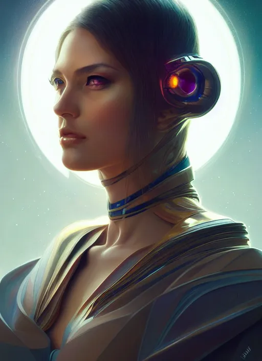 Image similar to futuristic woman portrait, sci-fi, amber eyes, face, long hair, fantasy, intricate, elegant, highly detailed, digital painting, artstation, concept art, smooth, sharp focus, illustration, art by artgerm and greg rutkowski and alphonse mucha