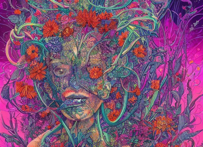 Prompt: a painting of a beautiful alien creature with a lot of flowers and plants on its head, poster art by android jones, behance contest winner, generative line art, made of flowers, grotesque, concert poster