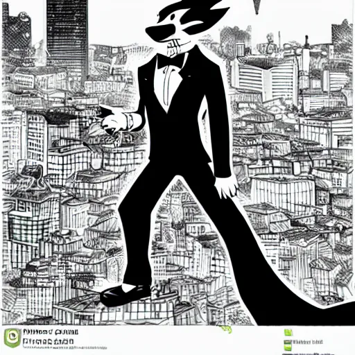 Image similar to anime ink line art of an anthropomorphic fox wearing a tuxedo as he stands on a city rooftop with a city in the background, black and white key manga visual