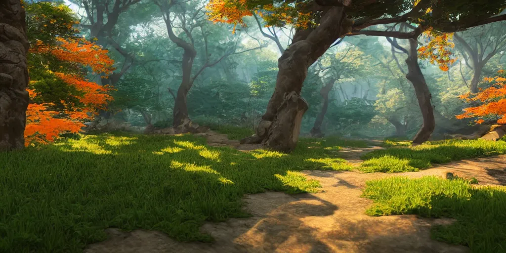 Image similar to beautiful nature environment from genshin impact, in - game rendering, cell - shaded, in game screenshot, beautiful colors, 8 k, detailed, award winning, unreal engine 5, stylized, popular on artstation, by a famous game concept artist, anime style, nostalgic