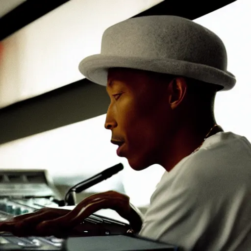 Image similar to cinematic film still of Pharrell Williams Making A Beat with an anthropomorphic alien, Japanese VFX, 2018, 400mm lens, f1.8, shallow depth of field,film photography