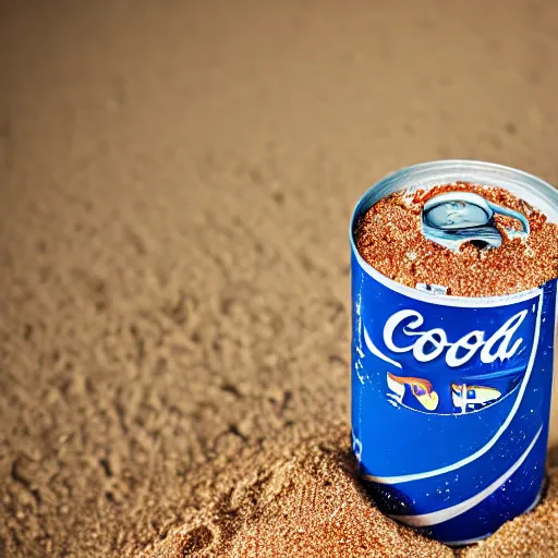 Prompt: can of soda sinking in the sand, photography, 2 4 mm lens, studio lighting,