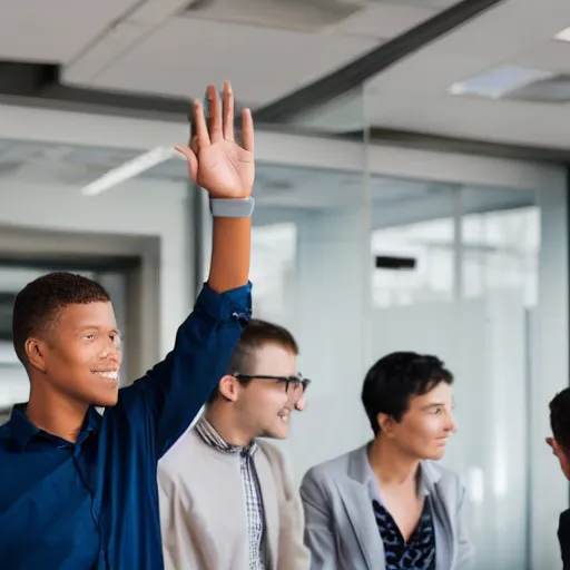 Image similar to photo of a young man waving goodbye emotionally to a group of his coworkers in office, 25mm, f8