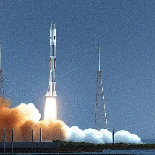 Image similar to photorealistic rendering of spacecraft launch from cape canaveral, detailed, realistic, focus