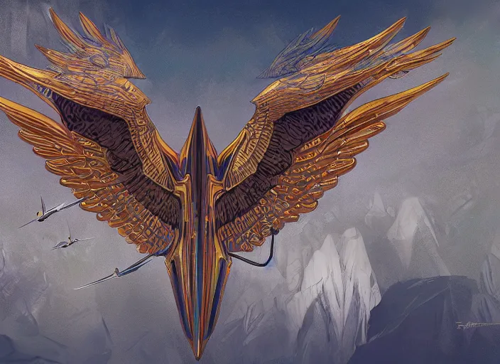 Prompt: concept art of an angelic airplane with ornate bird wings with art deco patterns flying over an outpost in an enchanted forest, solarpunk, high fantasy art, art book