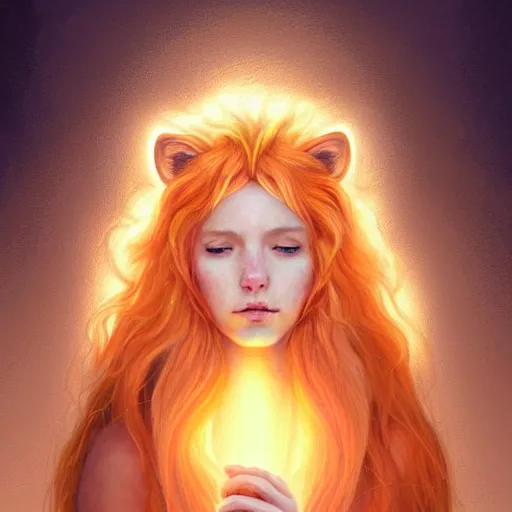 Image similar to Portrait of a girl angel with pale orange colored frizzy strands of illuminated hair, cat ears on her head, glowing halo, Lion's Mane, Lion's Gate, fantasy, intricate, elegant, highly detailed, digital painting, artstation, concept art, smooth, sharp focus, illustration, art by Krenz Cushart and Artem Demura and alphonse mucha