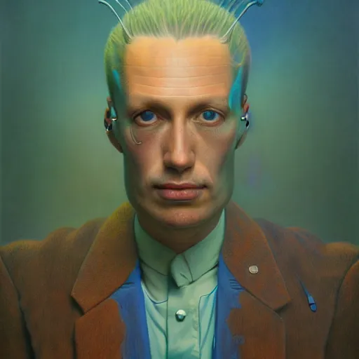 Image similar to realistic extremely detailed portrait painting of an average man , retro futuristic , by beeple,Jean Delville, Amano, Yves Tanguy, Alphonse Mucha, Ernst Haeckel, Edward Robert Hughes, Roger Dean, rich moody colours, blue eyes,octane render