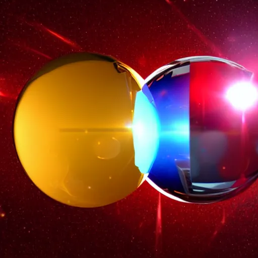 Prompt: chrome spheres on a red cube, lens flare