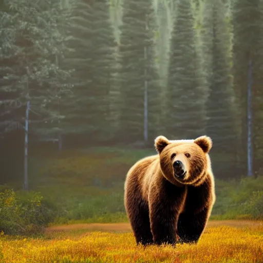 Image similar to a photo of bob ross riding on the back of brown bear in alaska at fall season, outdoor lighting, realistic, photo, national geographic photo, volumetric, fog